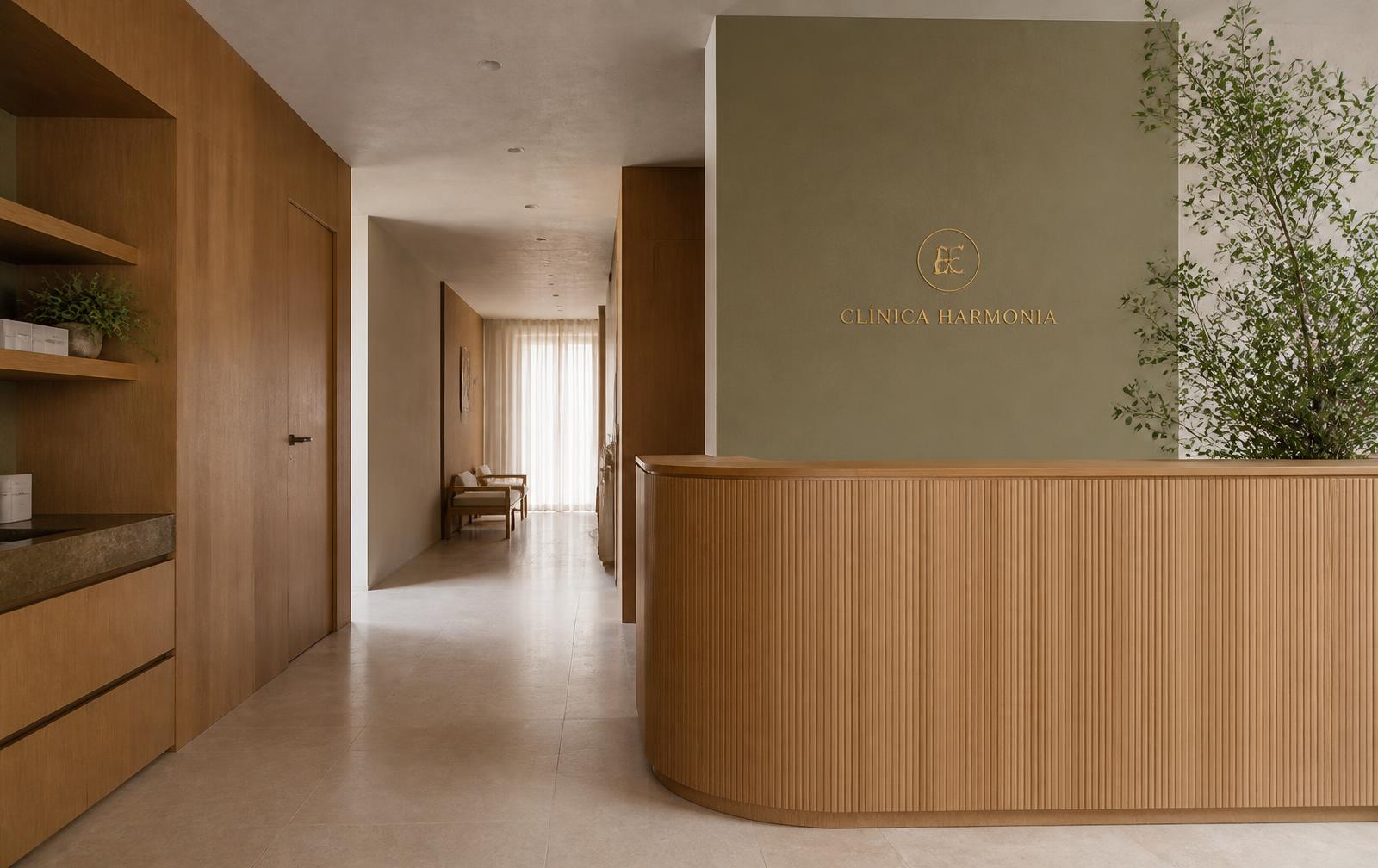 Recepção de clínica minimalista com madeira clara e parede verde sálvia